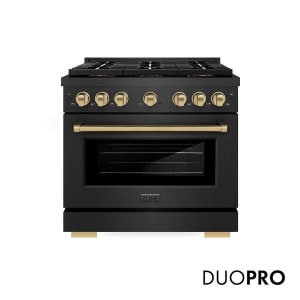 ZLINE Autograph Edition 36 in. 5.2 cu. ft. Paramount Dual Fuel Range with 6 Burner DuoProâ„¢ Cooktop and Electric Convection Oven in Black Satin Stainless Steel and Champagne Bronze Accents (PSDRBSZ-36-CB)