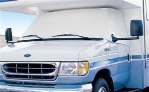 The ADCO Windshield Cover 2409 is an extra heavy-duty white vinyl cover designed for Class C Chevrolet motorhomes manufactured from 2001 to 2023 (or even newer models, according to some retailers).