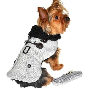 Grey Herringbone Dog Coat and Leash