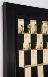 3" Modern Brass Chess Pieces (Italfama) on Black Maple Board with Tuxedo Frame