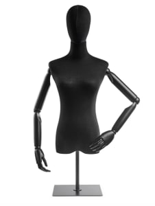Female display dress form with bronze canvas torso on metal countertop base adjustable retail mannequin for boutiques and designers