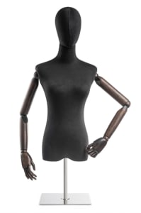 Female display dress form with bronze canvas torso on metal countertop base adjustable retail mannequin for boutiques and designers