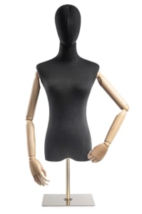 Female display dress form with bronze canvas torso on metal countertop base adjustable retail mannequin for boutiques and designers