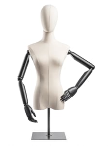 Female display dress form with bronze canvas torso on metal countertop base adjustable retail mannequin for boutiques and designers