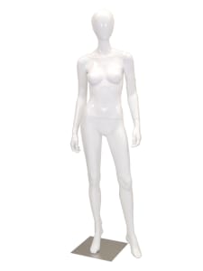Glossy white female egghead mannequin made of fiberglass standing on a square chrome base with dual support rods.