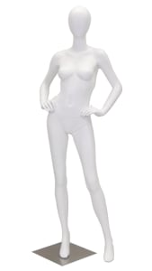 Arrita matte white female fiberglass mannequin in a natural standing pose on a round chrome base with foot and ankle support rods.
