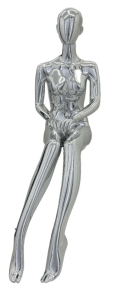 silver chrome female mannequin sitting pose egghead headless retail display zing display