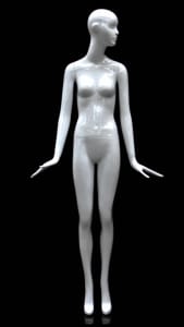 Abstract female mannequin in glossy white fiberglass with a round glass base, posed with head turned left.