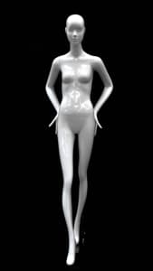 Abstract female mannequin in glossy white fiberglass with arms behind back and a round glass base.