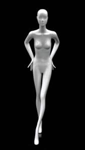 Abstract female mannequin in glossy white fiberglass leaning forward with arms behind back on a matching base.