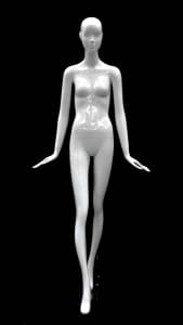 Abstract female mannequin in glossy white fiberglass with flared hands and a round glass base.