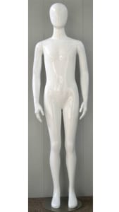 Glossy white fiberglass 12-year-old child mannequin with egghead design and metal base for retail clothing.