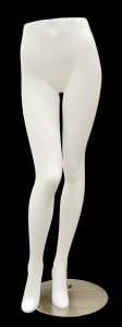 Female mannequin legs in a classic standing pose with a matte white finish and a square metal base for retail garment display.