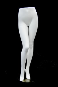 Female mannequin legs in a classic pose with a satin white finish and a stable display base for retail fashion merchandising.