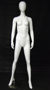 Modern fiberglass female mannequin with an egg head design featuring a strong pose on a metal base with dual support rods.