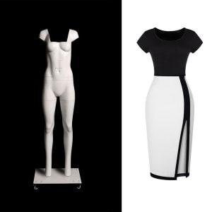 Professional female ghost mannequin made of fiberglass on a mobile four-wheel metal base for 3D invisible apparel photography.