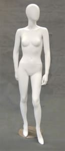 Matte white fiberglass female mannequin with an egghead and forward-leg pose on a steel base with removable high heel.