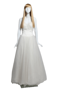 Female abstract mannequin Jane in glossy white fiberglass with hands flipped out and a square metal base for retail fashion display.