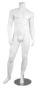 Male Mannequin Glossy White Headless Changeable Heads - Right Leg Out