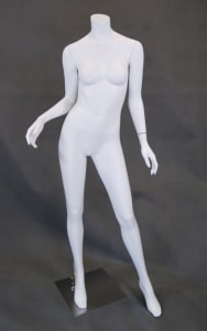 Headless matte white fiberglass female mannequin with arms bent at elbows and a round chrome base for fashion display.