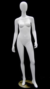 Matte white female egghead mannequin in a standing pose with a slightly jutted hip, featuring a round steel base and fiberglass construction.