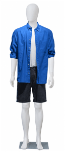 Durable white plastic male egghead mannequin in a standing pose with a glass base and metal calf support for retail showroom display.