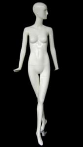Tall abstract female mannequin in a high gloss white fiberglass finish on a stable base with ankle and foot rods.