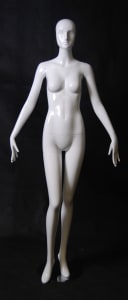 Tall abstract female mannequin in a high gloss white fiberglass finish on a stable base with ankle and foot rods.