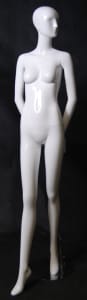 Tall Terry abstract female mannequin in a high gloss white fiberglass finish standing on a stable metal base with ankle and foot rods.