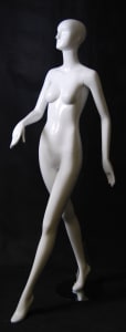 Tall Terry abstract female mannequin in a high gloss white fiberglass finish standing on a stable metal base with ankle and foot rods.