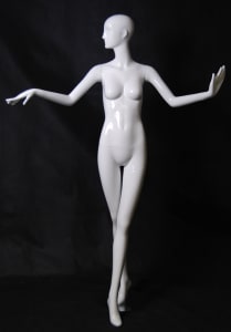 Tall 6'2" Terry abstract female mannequin in high gloss white fiberglass with a metal base and dual support rods.