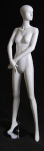 Tall Terry abstract female mannequin in a high gloss white fiberglass finish standing on a stable metal base with ankle and foot rods.