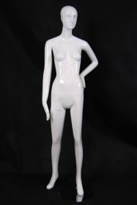 Tall standing female abstract mannequin in a glossy white fiberglass finish featuring a square metal base.