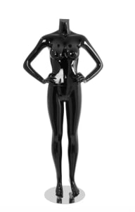glossy black Brazilian female mannequin with hands on hips and optional changeable heads