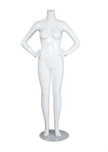 Female Brazilian mannequin with glossy white fiberglass finish, headless changeable head design, hands on hips pose, and included base.