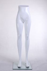 Modern white fiberglass female display legs with a minimalist design, featuring a calf and foot mount on a stable base for retail apparel showcasing.