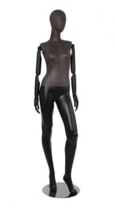 Mixed Fabric Black Leatherette Female Mannequin with Wooden Posable Arms and Bent Leg