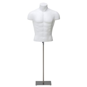 Male torso mannequin white plastic with satin nickel base for retail shirt and scarf display