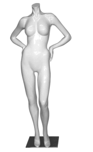 glossy white headless female mannequin hands on hips zing display