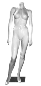 glossy white headless female mannequin hands on hips zing display