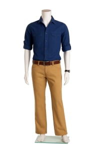 Headless male mannequin with glass base and molded plastic body from Zing Display