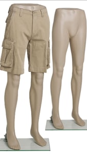 Fleshtone plastic male leg mannequin form on glass base for pants and jeans display