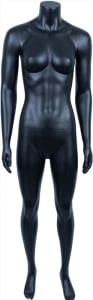 Matte black female headless fiberglass mannequin in a strong athletic standing pose with tempered glass base for activewear retail displays.