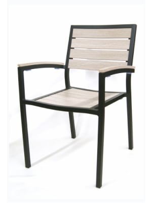Teak Grey Brown Arm Chair with Aluminum Slats & Black Frame