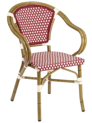 Rattan Bistro Aluminum Arm Chair.  BORDEAUX/ivory, BLUE/Ivory, or BROWN/Ivory Rattan Aluminum Arm Chair