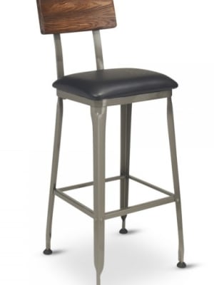Metal Industrial Bar Stool: Padded Seat/ Wood Back