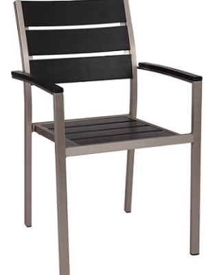 Teak Wood Faux Black Slat Arm Aluminum Chair