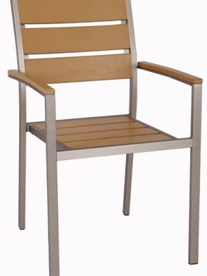 Wide Teak Slat Faux Wood Arm Chair