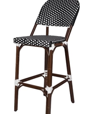 Rattan Bistro Aluminum Barstool ; Black & White  Dark Bamboo with Black/White "High Density" weave