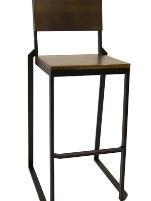 Black Metal Bar Stool Walnut Wood Seat / Back